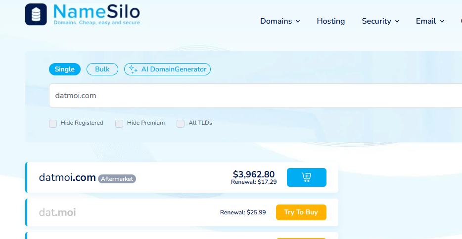 Giá của tên miền datmoi.com đang được rao gần 4000$