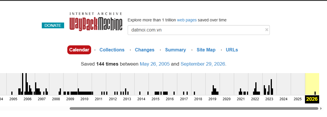 Lịch sử website datmoi.com.vn trên Wayback Machine từ năm 2005